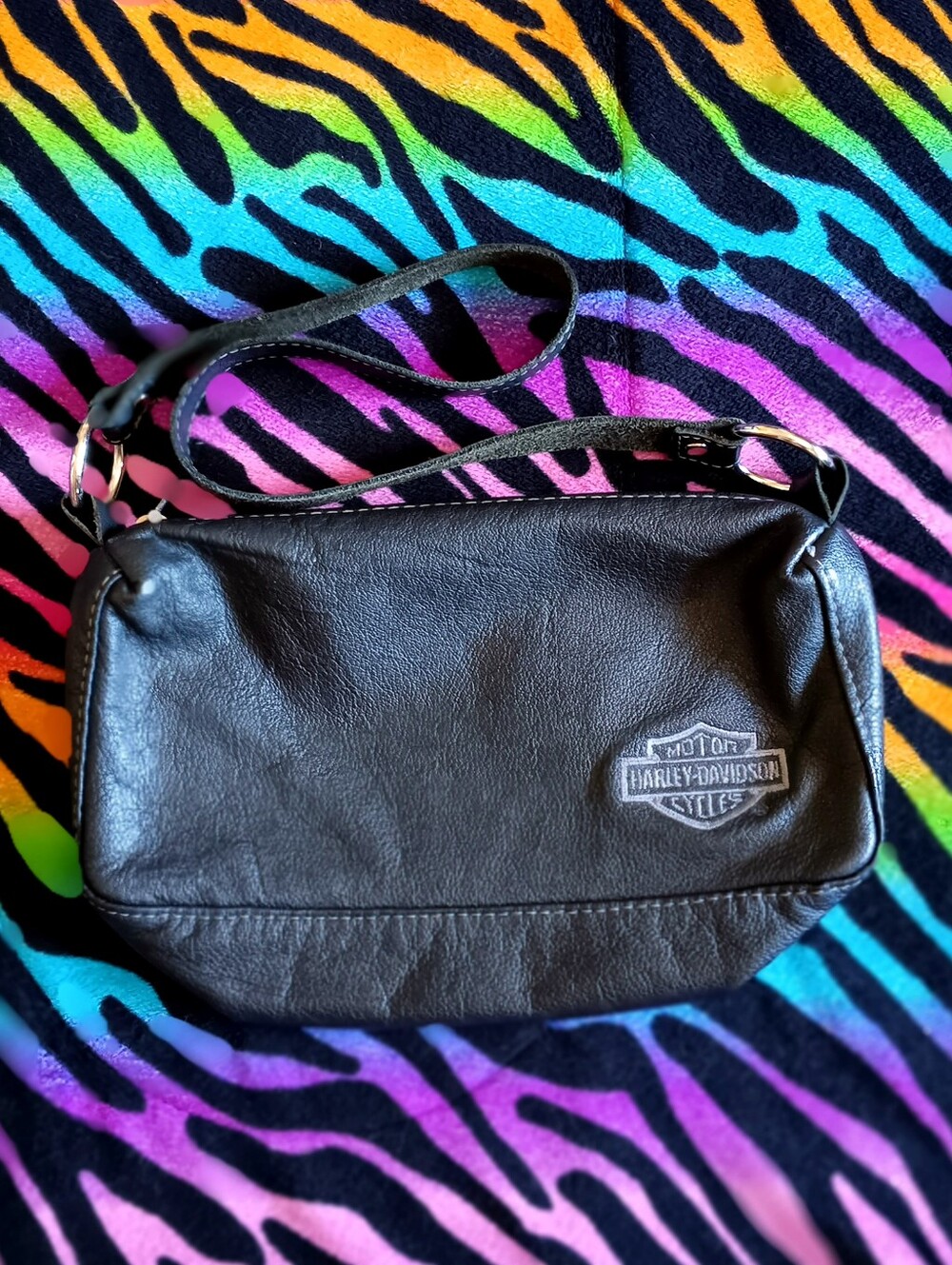 🖤🧡 Vintage Y2K Harley-Davidson Black Leather Hobo Bag Baguette Purse Biker